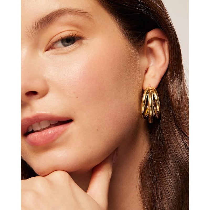 PAVOI 14K Gold Plated Chunky Multi Hoop Earrings for Women | Hypoallergenic Trendy Triple Split Loop Huggie Earrings - Image 2