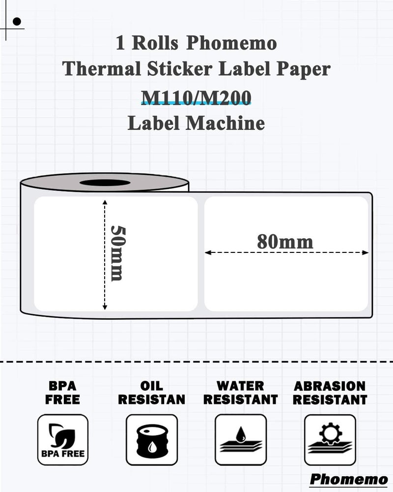 Memoqueen M110 Label Paper, Phomemo Labels Paper for M110/M120/M200/M220 Label Maker, Adhesive Rectangle Labels, 1.97"x 3.15"(50x80mm) Thermal Sticker Label Paper for Kitchen, Office, Study, 100labels/roll - Image 2