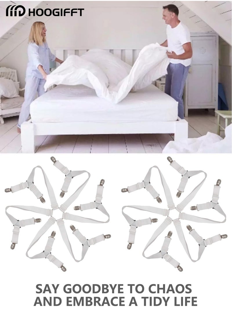 HOOGIFFT 2pcs Bed Sheet Holder Straps, Adjustable Premium Fitted Suspenders with 6 Way Cross Elastic Bands and Corner Clips（With gasket）, for Bedding Mattress Fasteners(White)  - Image 2