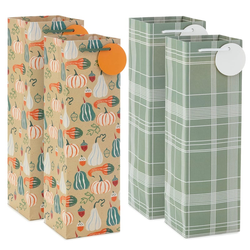 Hallmark 13 Bottle Gift Bags with Handles and Gift Tags 4 Bags Sage Green Plaid Orange and Green Pumpkins for Fall Thanksgiving Housewarming Parties Bosss Day Wine - Image 2