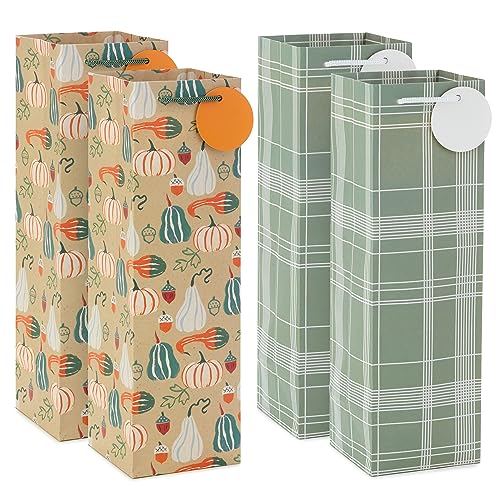 Hallmark 13 Bottle Gift Bags with Handles and Gift Tags 4 Bags Sage Green Plaid Orange and Green Pumpkins for Fall Thanksgiving Housewarming Parties Bosss Day Wine - Image 1