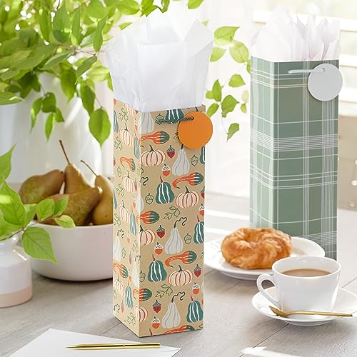 Hallmark 13 Bottle Gift Bags with Handles and Gift Tags 4 Bags Sage Green Plaid Orange and Green Pumpkins for Fall Thanksgiving Housewarming Parties Bosss Day Wine - Image 3