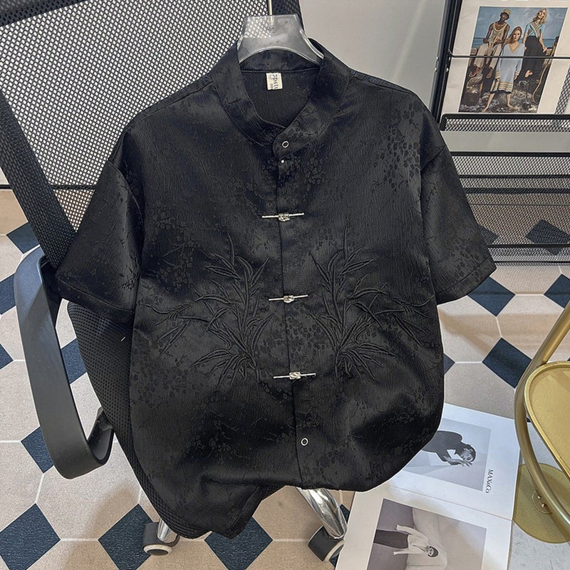 New Chinese-style airplane button long-sleeved shirt, men's national style, high-end sense, jacquard embroidery, stand-up collar, Tang suit, loose shirt jacket - Image 1