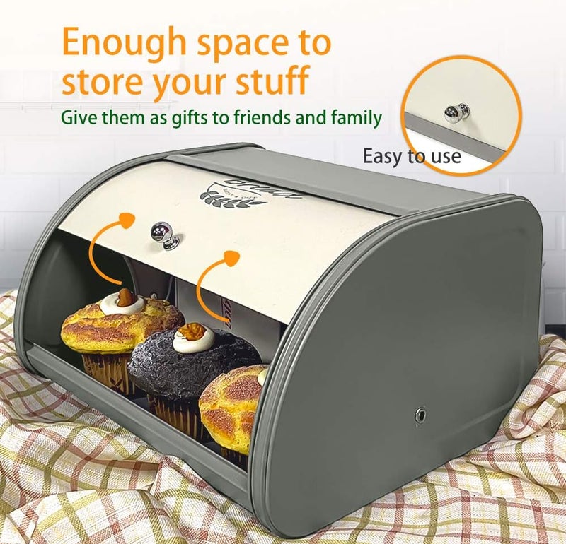 KL X458 Gray Bread Box Roll Top, Metal Bread Box for Kitchen Countertop, Large Space, Keeps Bakery Items Fresh Longer, Bread Bin for Kitchen Countertop, Breadbox to Store Cookies, Bagels, Muffins - Image 5