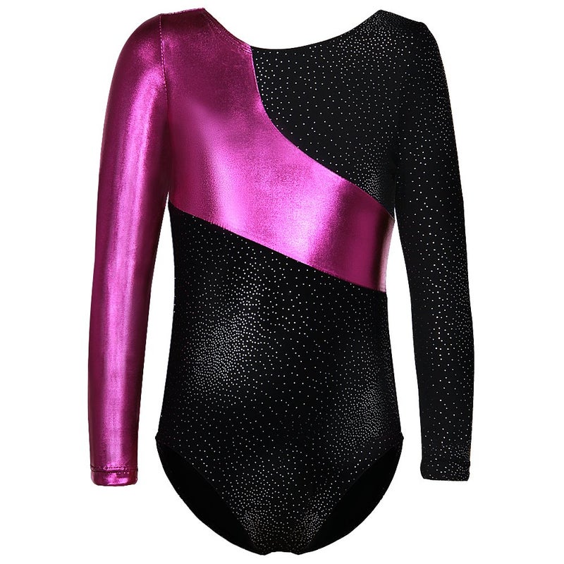 Daxiang Long Sleeves Rainbow Stripes Starry Sky Dancing Athletic Leotard for Little Girl Black 140(7-8Y) - Image 1