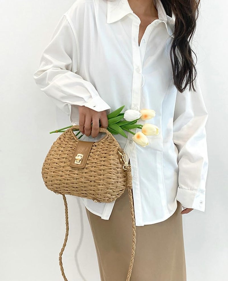 Bagkeak Casual Straw Beach Bags For Women Dumpling Bag Rattan Purses Summer Straw Crossbody Woven Handbag Purse Shoulder Bag Travel - Image 3