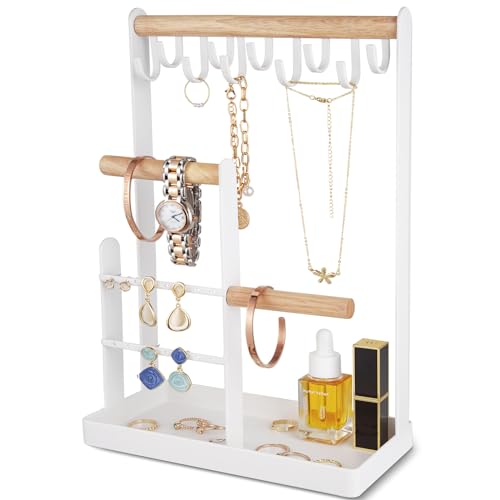 ProCase Jewelry Stand Holder Organizer 4Tier Necklace Holder with Ring Tray 10 Hooks Necklaces Hanging Small Jewelry Display Storage Tower Tree for Bracelets Earrings Watches Medium White