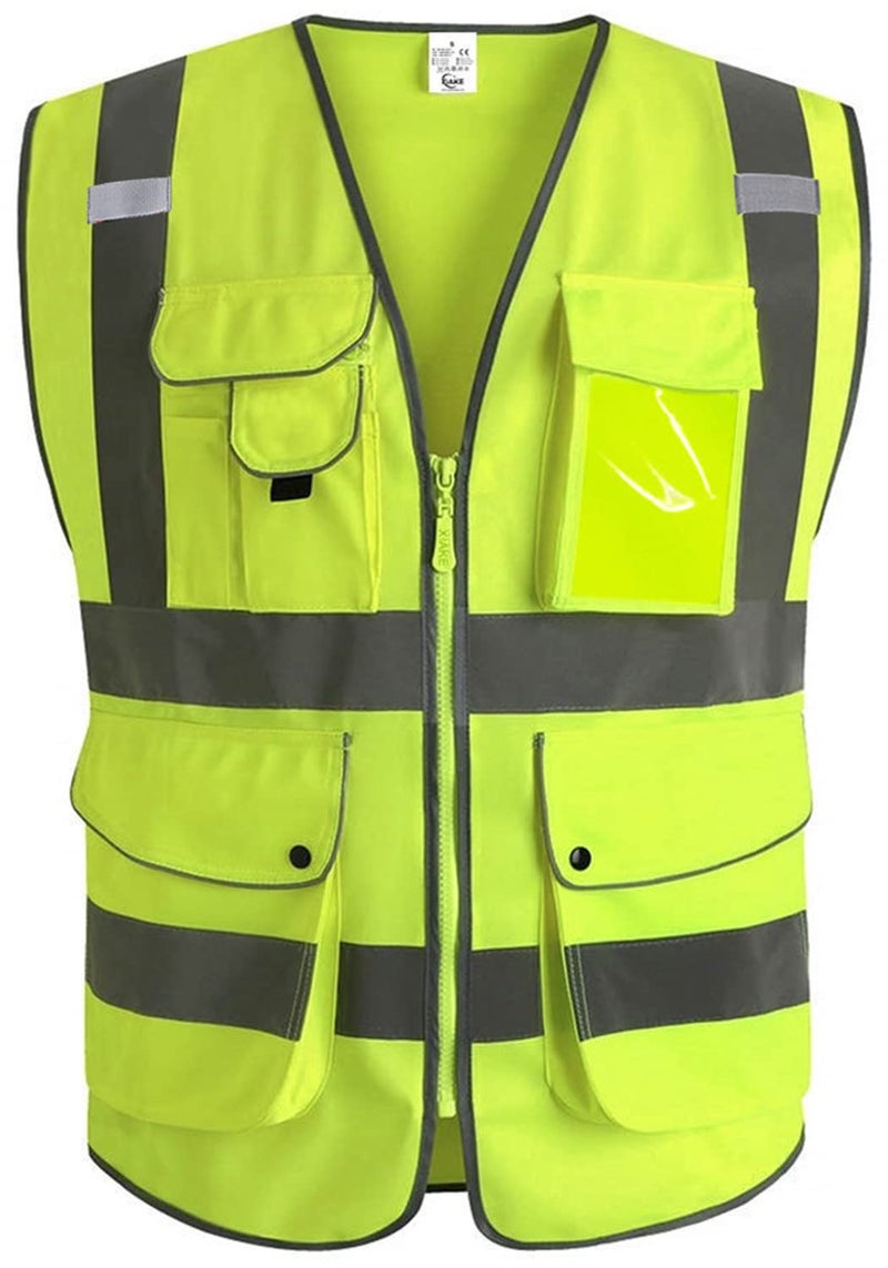 XIAKE 9 Pockets Class 2 High Visibility Reflective Safety Vest for Men WomenMeets ANSIISEA StandardYellowLarge