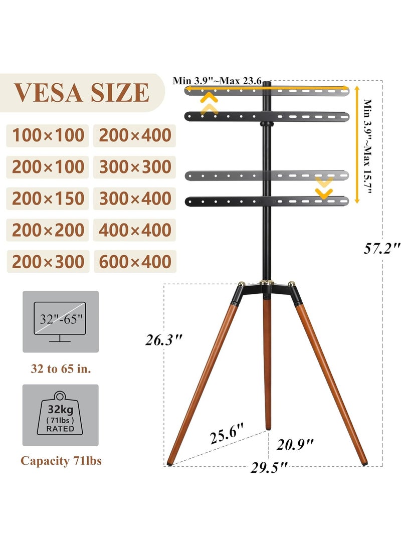 BEETEC Tripod TV Floor Stand for 32–65 Inch Flat Screen TVs, Wooden Legs, Tilt ±70°, VESA 600x400mm, Load Capacity 32 kg, Height Adjustable TV Stand for Home, Office, Events, Black | TF-FS109B - Image 2