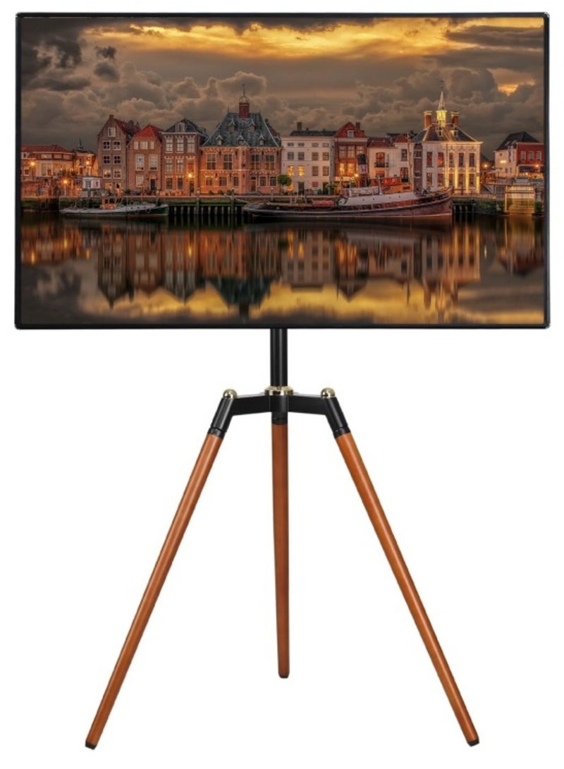 BEETEC Tripod TV Floor Stand for 32–65 Inch Flat Screen TVs, Wooden Legs, Tilt ±70°, VESA 600x400mm, Load Capacity 32 kg, Height Adjustable TV Stand for Home, Office, Events, Black | TF-FS109B - Image 1