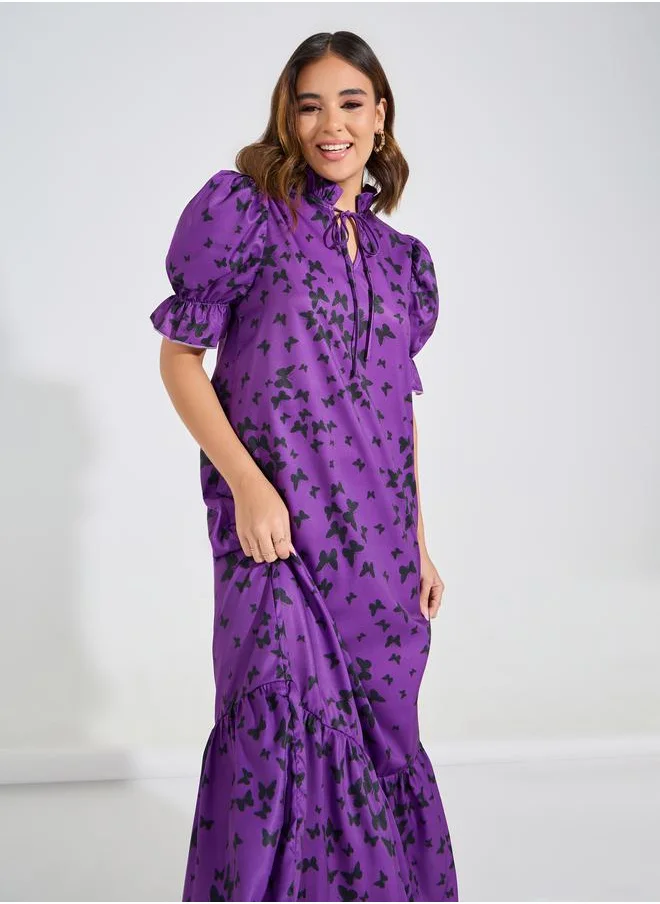 Causey All Over Butterfly Print Tie-Up Neck Maxi Dress by Styli