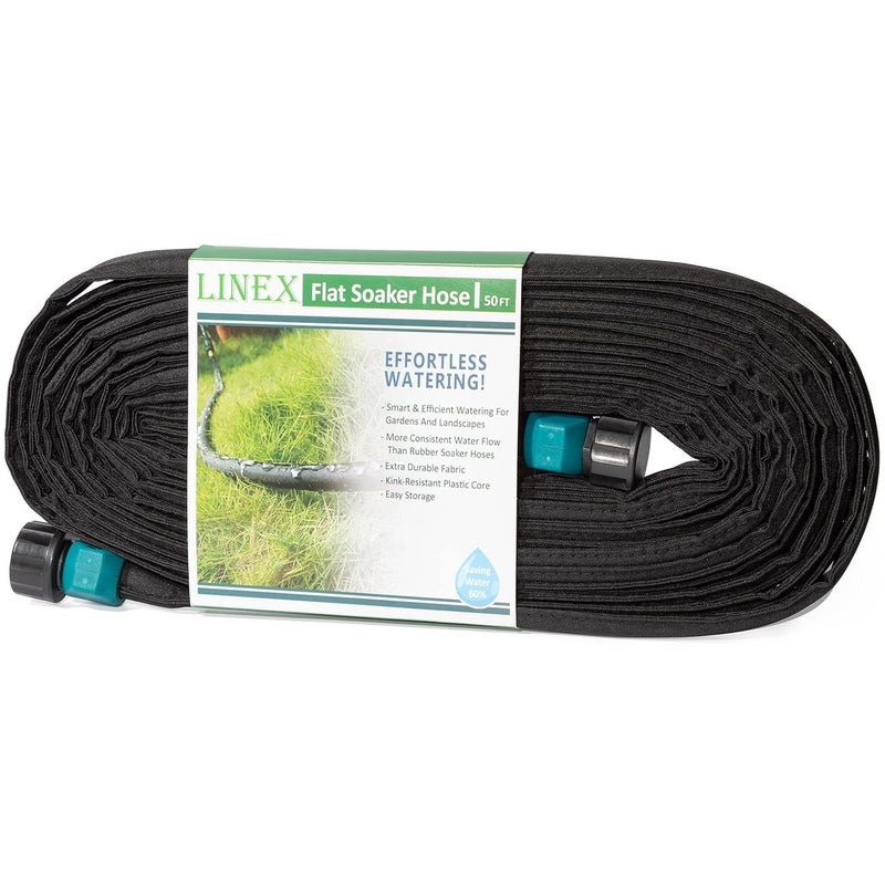 LINEX Flat Soaker Hose 50 ft for Garden Beds Drip Sprinkler Irrigation Hose Heavy Duty Saving 80 Water For Vegetable