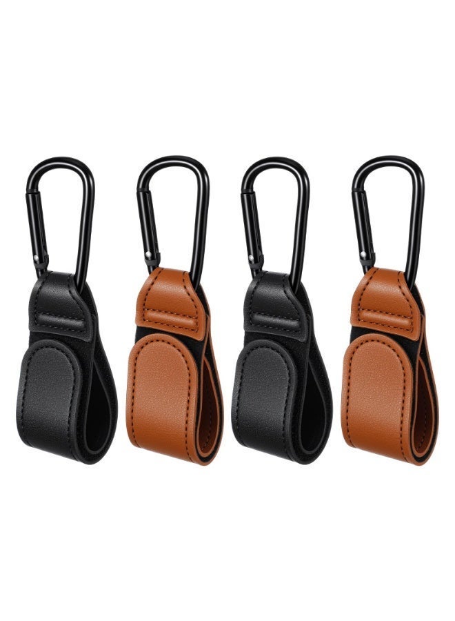 4 Pcs Baby Stroller Hooks, Velcro Clips with Vegan Leather Strap, Heavy Duty Multipurpose Universal for Hanging Mommy Bag, Diaper Bags and Grocery Shopping Cart, Brown - Image 1