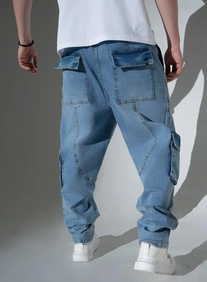 Hubberholme Hubberholme Mid Rise Faded Badge Detail Cargo Jeans