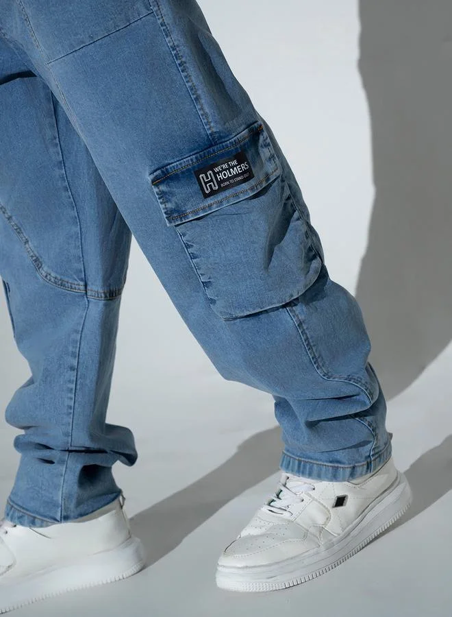 Hubberholme Hubberholme Mid Rise Faded Badge Detail Cargo Jeans