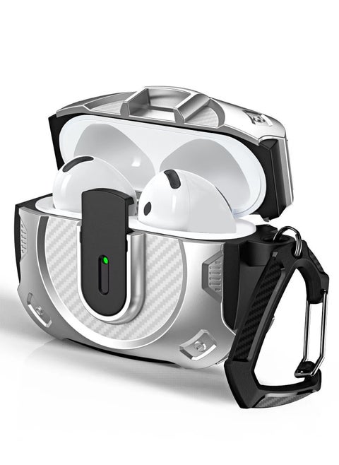 Airpods 4 Case Hard Shell Protective Armor LED Visible Wireless Charging Case Cover with Lock - Silver