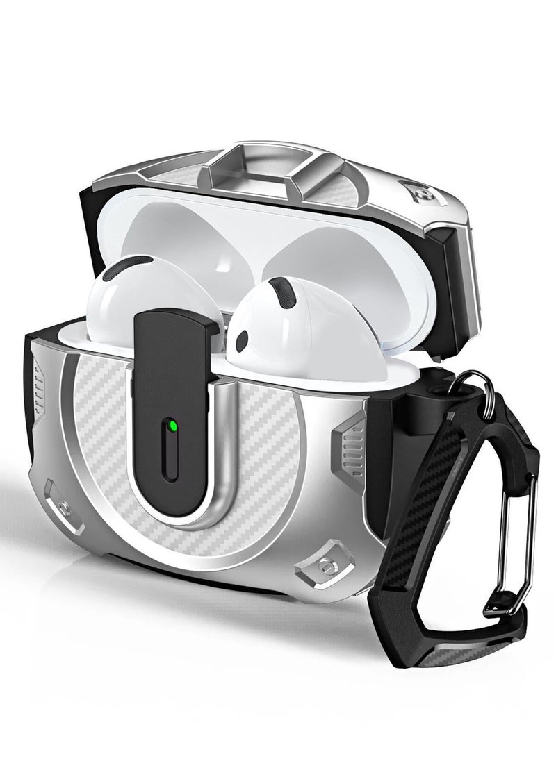 Airpods 4 Case Hard Shell Protective Armor LED Visible Wireless Charging Case Cover with Lock - Silver