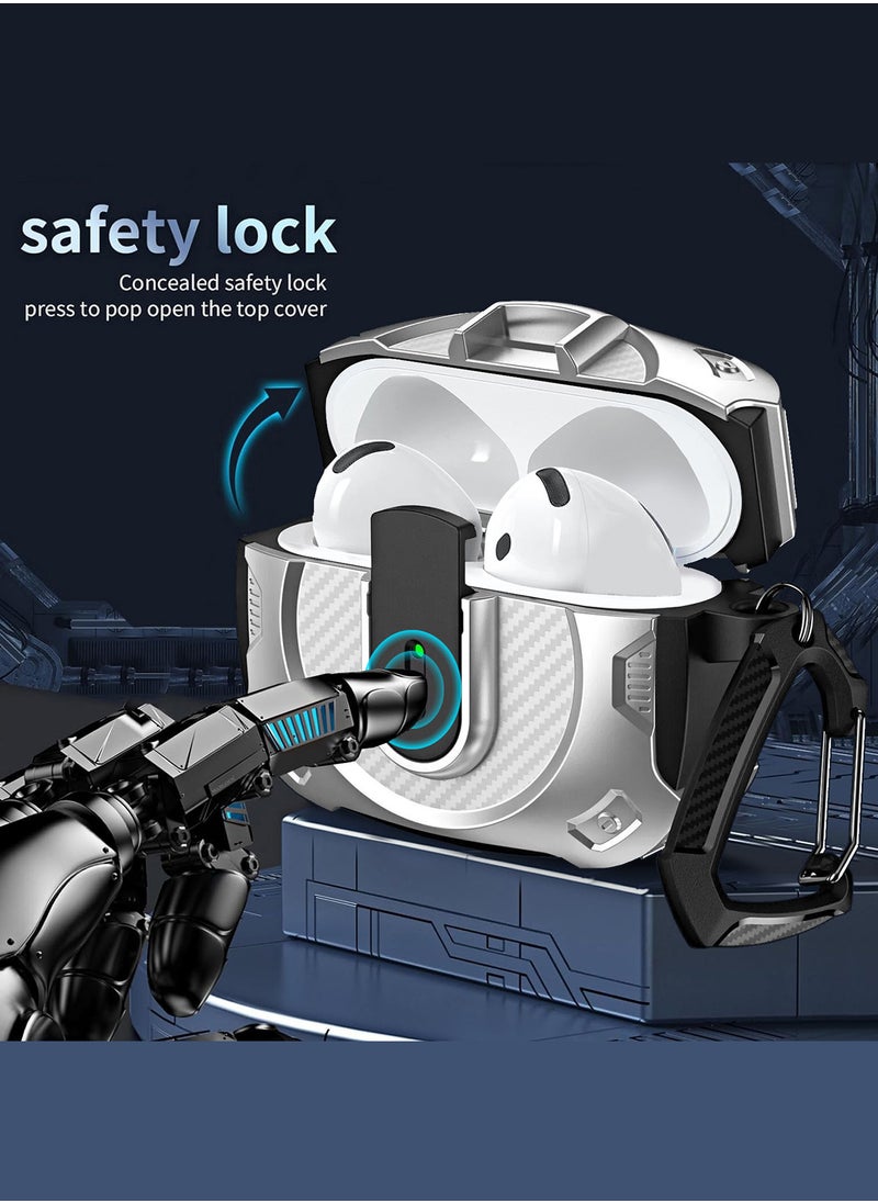 Airpods 4 Case Hard Shell Protective Armor LED Visible Wireless Charging Case Cover with Lock - Silver