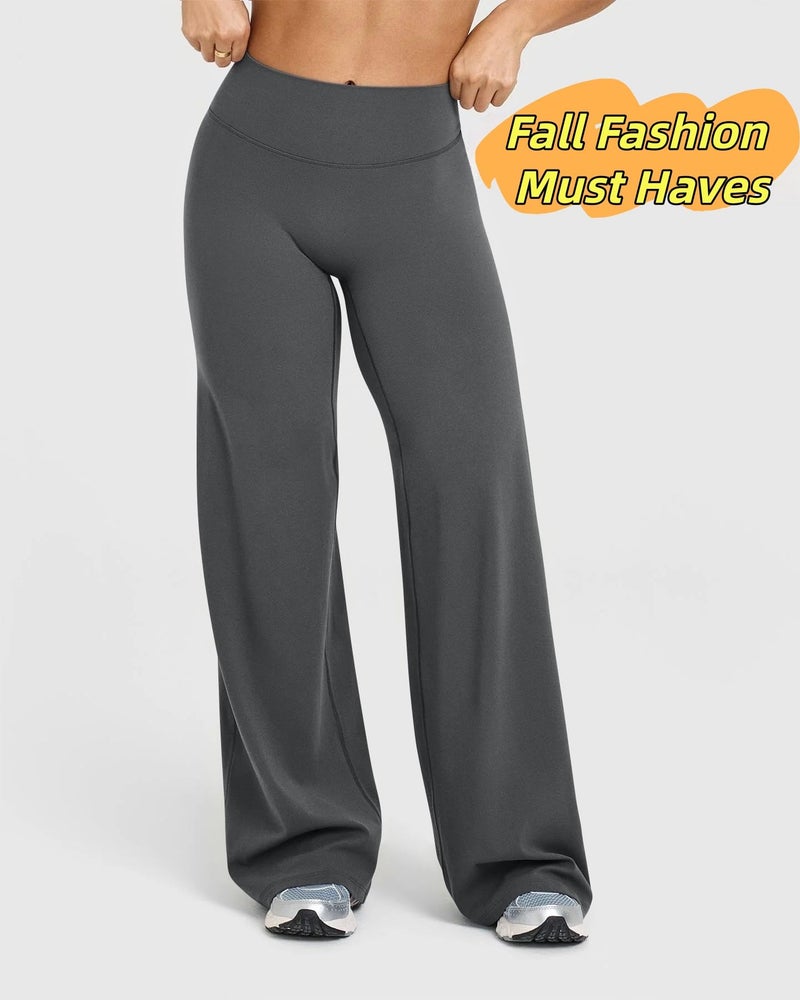 BumpGlow Women Straight Leggings Bottoms Wide Leg Pants High Waist Stretchy Comfy No Front Seam Yoga Workout Sweatpants Grey-M - Image 3