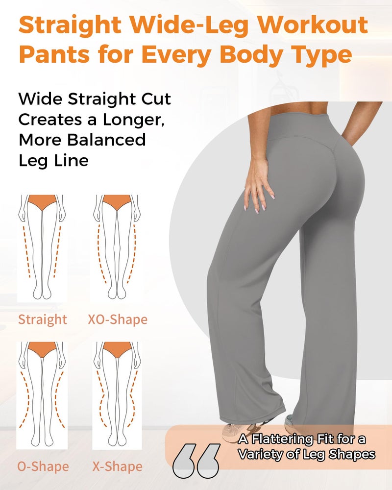 BumpGlow Women Straight Leggings Bottoms Wide Leg Pants High Waist Stretchy Comfy No Front Seam Yoga Workout Sweatpants Grey-M - Image 5