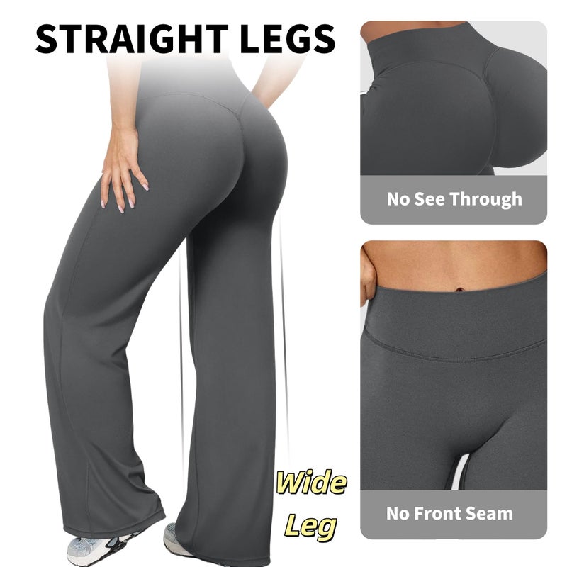 BumpGlow Women Straight Leggings Bottoms Wide Leg Pants High Waist Stretchy Comfy No Front Seam Yoga Workout Sweatpants Grey-M - Image 4