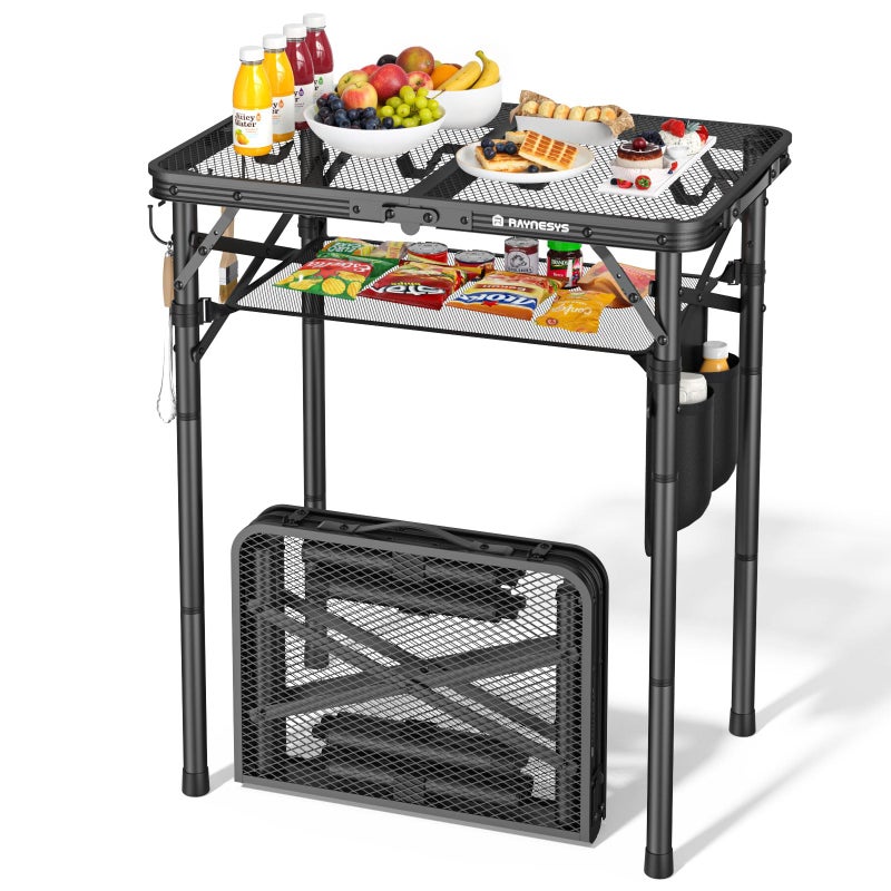 Raynesys Folding Grill Table for Outside, 3 Height Adjustable Small Camping Table with Mesh Bag, Metal Aluminum Folding Table, 23.62 x 15.75 inches, Portable Grill Stand for Picnic, Camping, BBQ, Beach, Black - Image 1