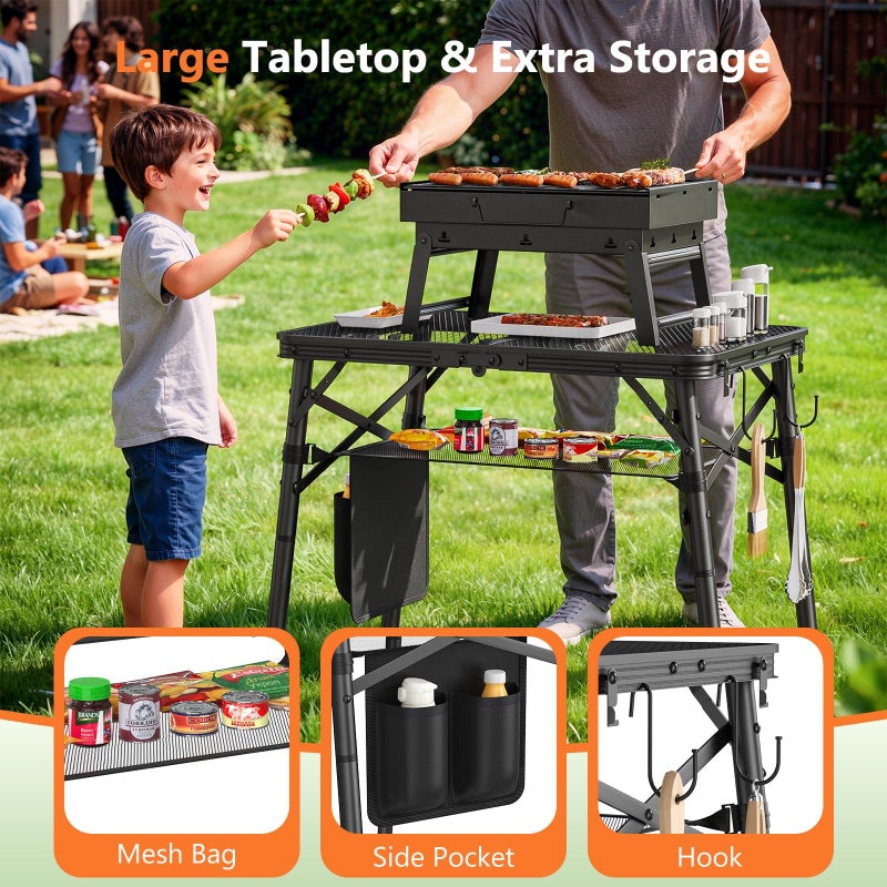 Raynesys Folding Grill Table for Outside, 3 Height Adjustable Small Camping Table with Mesh Bag, Metal Aluminum Folding Table, 23.62 x 15.75 inches, Portable Grill Stand for Picnic, Camping, BBQ, Beach, Black - Image 3