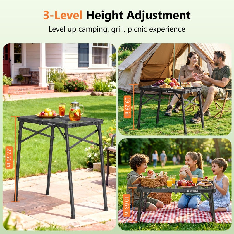 Raynesys Folding Grill Table for Outside, 3 Height Adjustable Small Camping Table with Mesh Bag, Metal Aluminum Folding Table, 23.62 x 15.75 inches, Portable Grill Stand for Picnic, Camping, BBQ, Beach, Black - Image 4