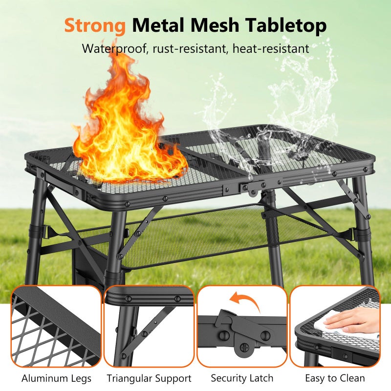 Raynesys Folding Grill Table for Outside, 3 Height Adjustable Small Camping Table with Mesh Bag, Metal Aluminum Folding Table, 23.62 x 15.75 inches, Portable Grill Stand for Picnic, Camping, BBQ, Beach, Black - Image 5
