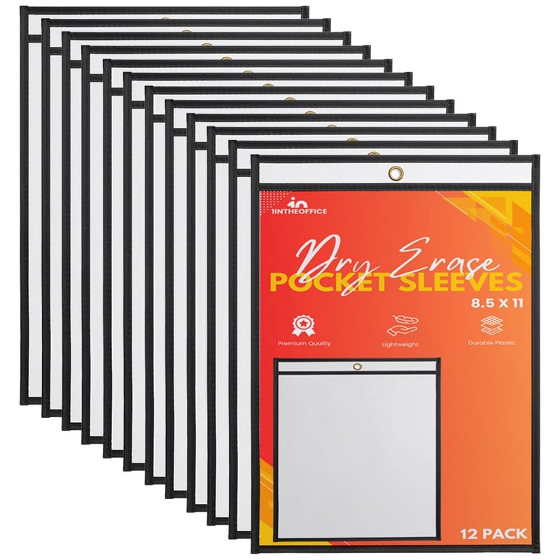 1InTheOffice Dry Erase Pocket Sleeves Black Shop Ticket Holders 85x11 12 Pack