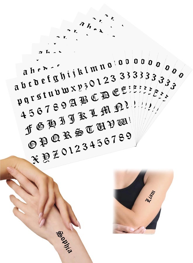 ١٠ أوراق من الوشوم المؤقتة القوطية، حروف وأرقام إنجليزية صغيرة، ملصقات وشم أبجدية للبالغين، للأصابع والرقبة والجسم - Image 1