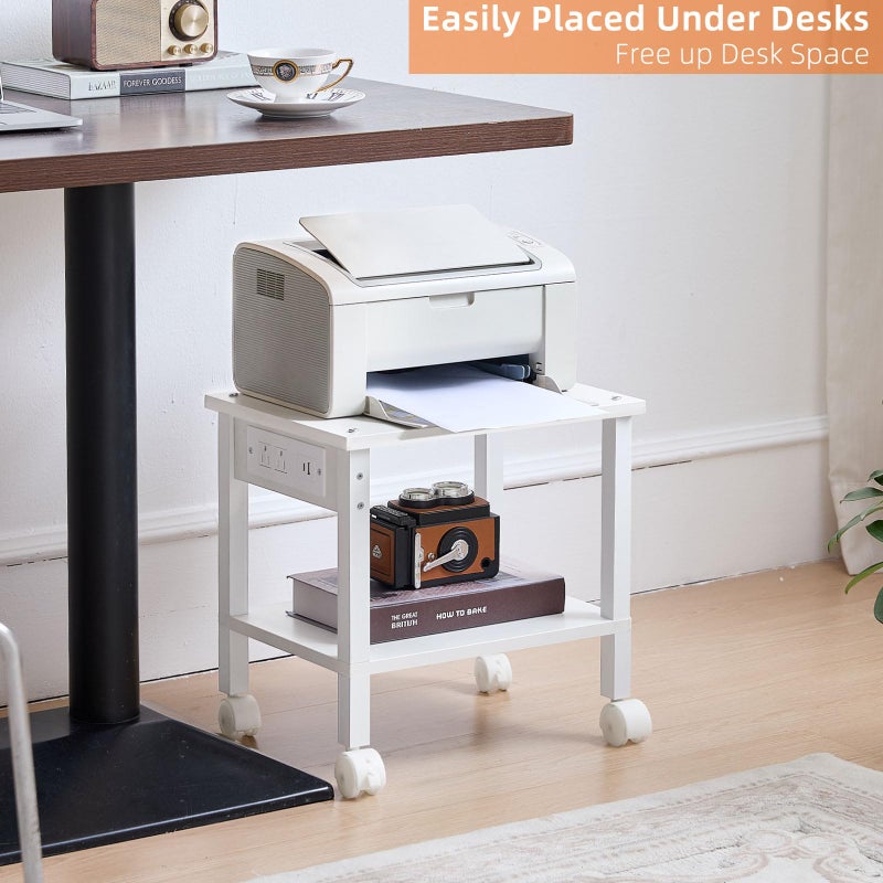 Lerliuo Under Desk Printer Stand with Charging Station, 2 Tier Wooden Small Printer Table with Storage, Rolling Printer Cart Shelf with Lockable Wheels for Home, Office (White) - Image 3