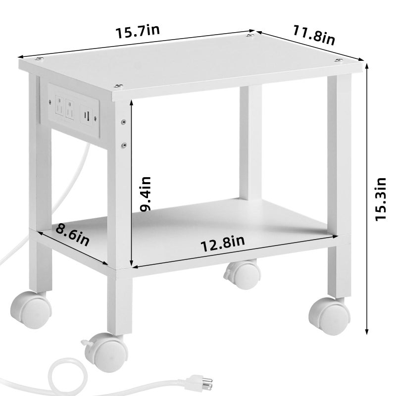 Lerliuo Under Desk Printer Stand with Charging Station, 2 Tier Wooden Small Printer Table with Storage, Rolling Printer Cart Shelf with Lockable Wheels for Home, Office (White) - Image 2