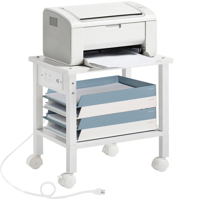 Lerliuo Under Desk Printer Stand with Charging Station, 2 Tier Wooden Small Printer Table with Storage, Rolling Printer Cart Shelf with Lockable Wheels for Home, Office (White) - Image 1