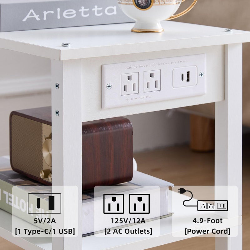 Lerliuo Under Desk Printer Stand with Charging Station, 2 Tier Wooden Small Printer Table with Storage, Rolling Printer Cart Shelf with Lockable Wheels for Home, Office (White) - Image 5