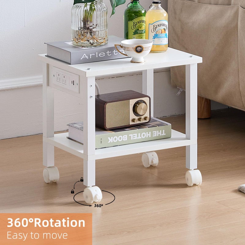 Lerliuo Under Desk Printer Stand with Charging Station, 2 Tier Wooden Small Printer Table with Storage, Rolling Printer Cart Shelf with Lockable Wheels for Home, Office (White) - Image 4