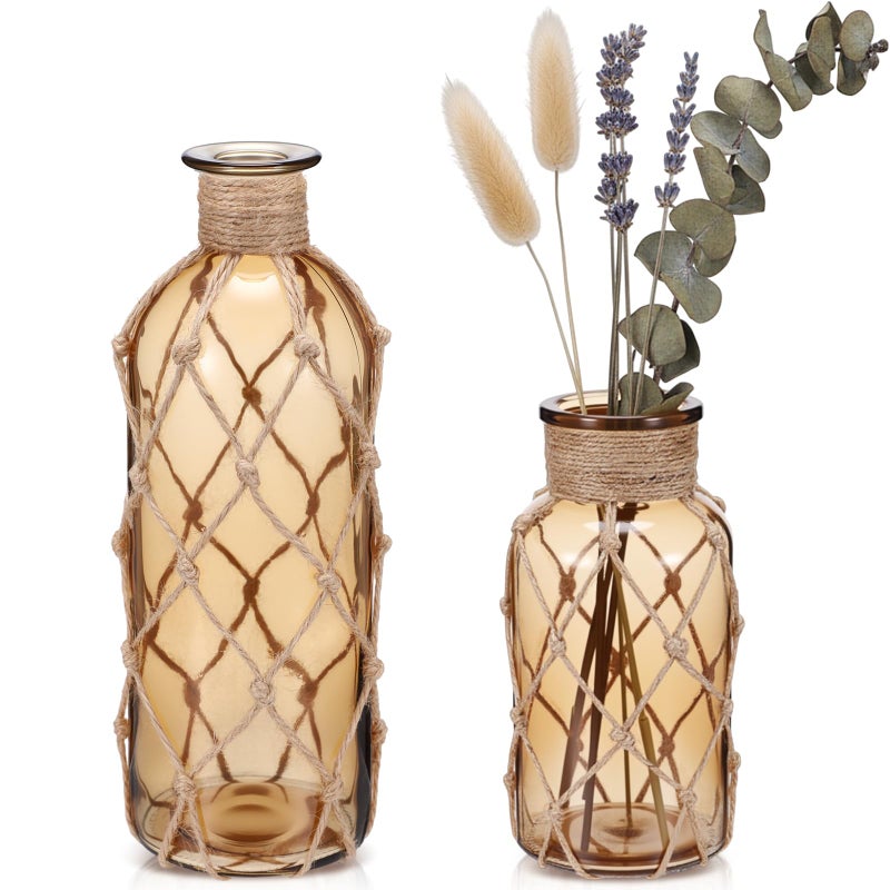 Chuangdi Set of 2 Coastal Glass Vases for Flowers TSITP Flower Vase with Boho Rope Small Sea Glass Jar Nautical Beach Bottle for Wedding Table Centerpieces Floral Arrangement Decor(Light Brown) - Image 1