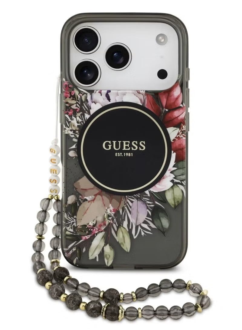 Guess MagSafe IML Case with Flowers Pattern & Lanyard for iPhone 17 Pro Max - BLACK - Image 1