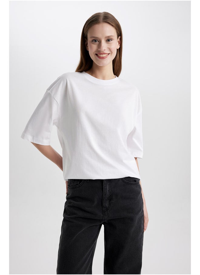 DeFacto - Woman Oversize Fit Crew Neck Knitted Short Sleeve T-Shirt - Image 1