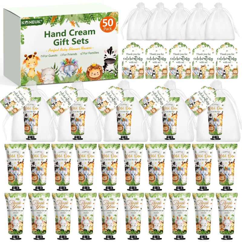 KONEUK 50 Pack Baby Shower Bulk Hand Cream Gifts Sets, Baby Shower Favors and Bridal Shower Favors for Guests with Thank You Card and Organza Gift Bags, Birthday Gifts, Appreciation Gifts for Guests (Animal) - Image 1
