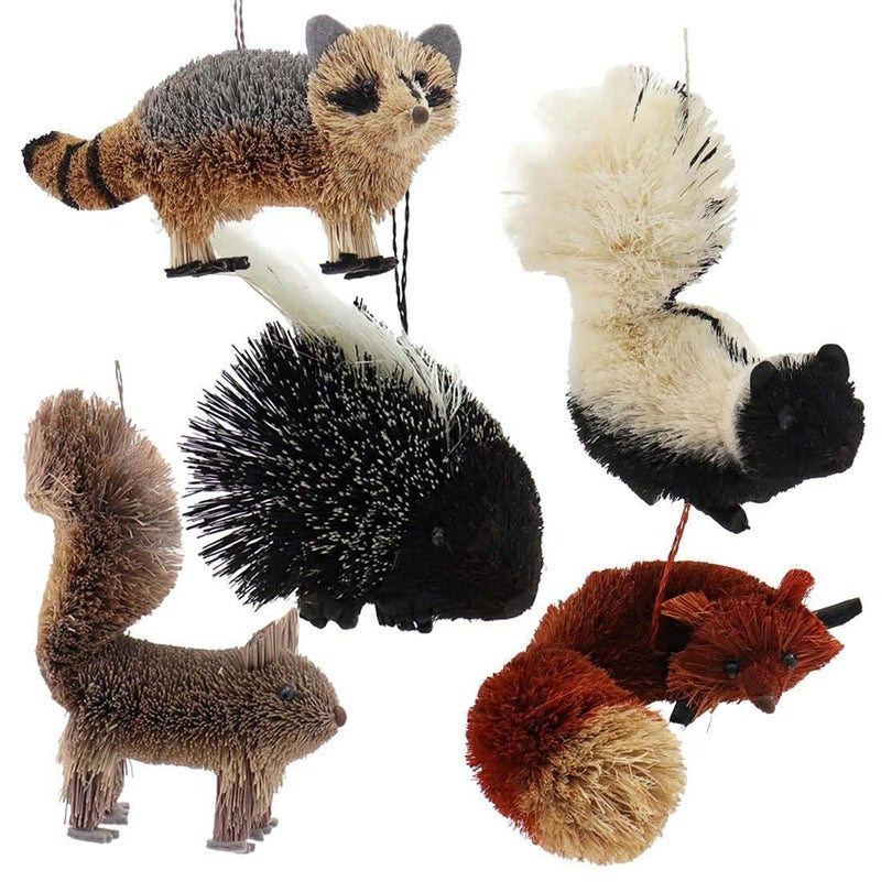 Kurt Adler S0731 5 Assorted Buri Woodland Animal Fox Skunk Raccoon Squirrel And Porcupine Christmas Ornaments
