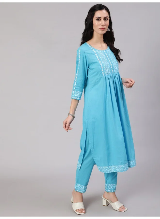 أيه كيه إس Turquoise Blue Block Print Gathered Kurta Pant With Dupatta
