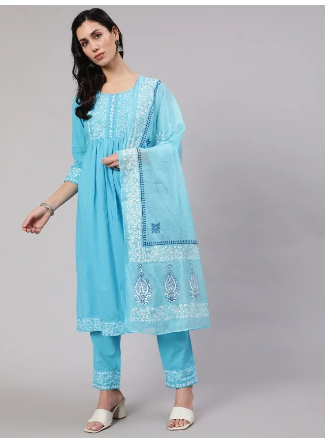 AKS Turquoise Blue Block Print Gathered Kurta Pant With Dupatta