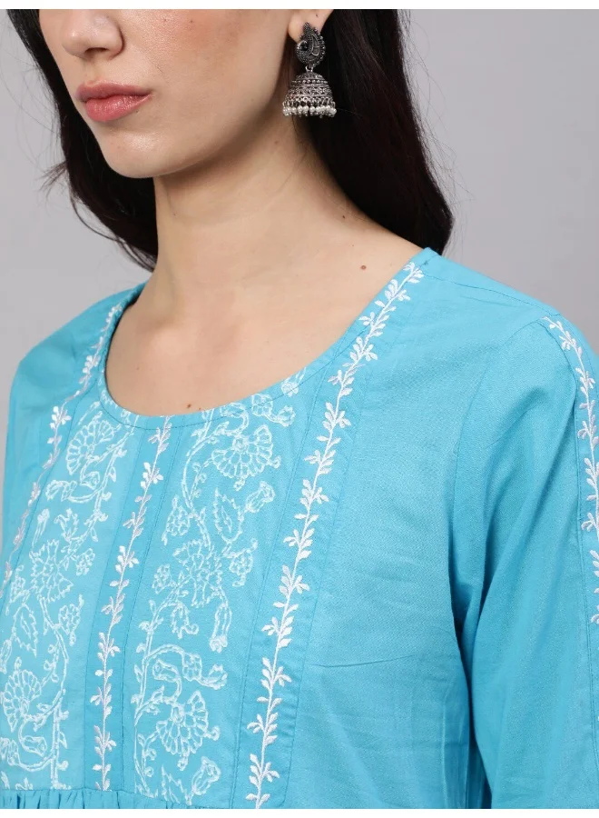 AKS Turquoise Blue Block Print Gathered Kurta Pant With Dupatta