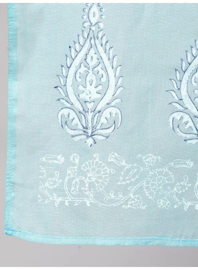 أيه كيه إس Turquoise Blue Block Print Gathered Kurta Pant With Dupatta