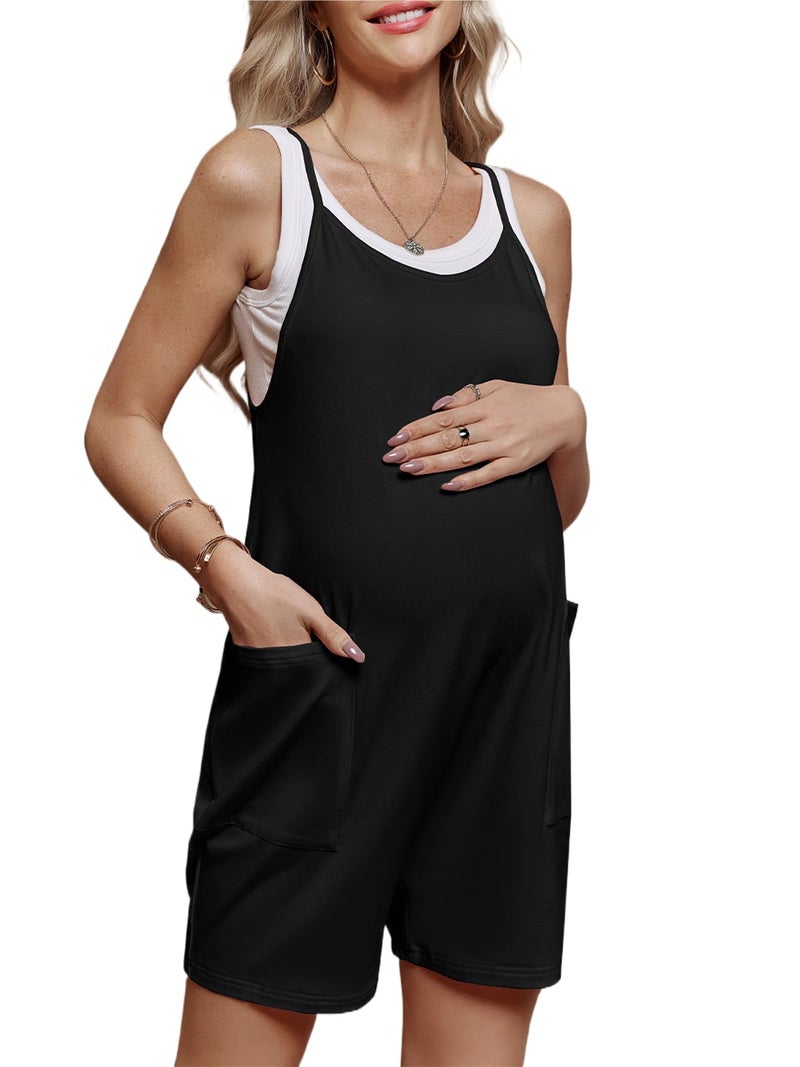 FMEYOA Women's Maternity Overalls Shorts Pregnancy Casual Sleeveless Jumpsuits Romper with Pocket - Image 1