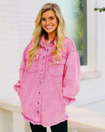 Vetinee Women's Jackets for Women Fashion Dressy Oversized Boyfriend Magenta Pink Button Up Frayed Raw Hem Long Sleeve Pockets Denim Jean Jacket Shacket XX-Large Size 20 Size 22 - Image 4