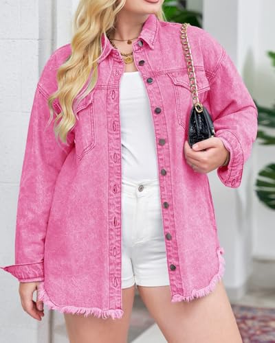 Vetinee Women's Jackets for Women Fashion Dressy Oversized Boyfriend Magenta Pink Button Up Frayed Raw Hem Long Sleeve Pockets Denim Jean Jacket Shacket XX-Large Size 20 Size 22 - Image 3