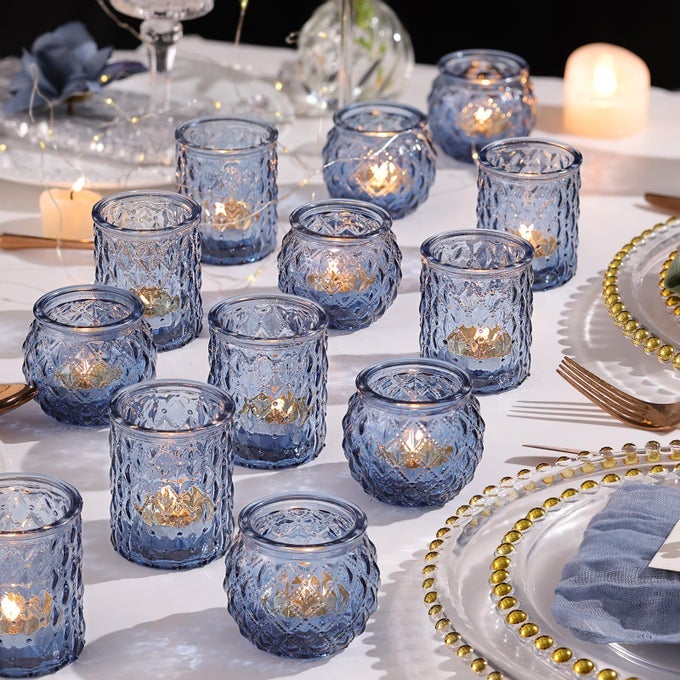 12PCS ASSORTED BLUE VOTIVE CANDLE HOLDERS TEA LIGHTS CANDLE HOLDER FOR WEDDING DECOR BLUE CANDLE HOLDERS FOR TABLE CENTERPIECE BRIDAL SHOWER BABY SHOWER DECORATIONS