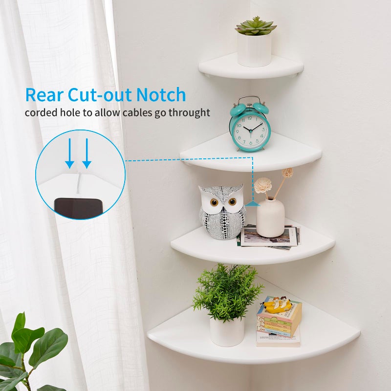 Conamily Corner Shelf, White Solid Oak Wood Floating Corner Shelves Wall Mount Round End Floating Speaker Rack Display Shelf for Small Plant Photo Frame (White, 7in) - Image 3
